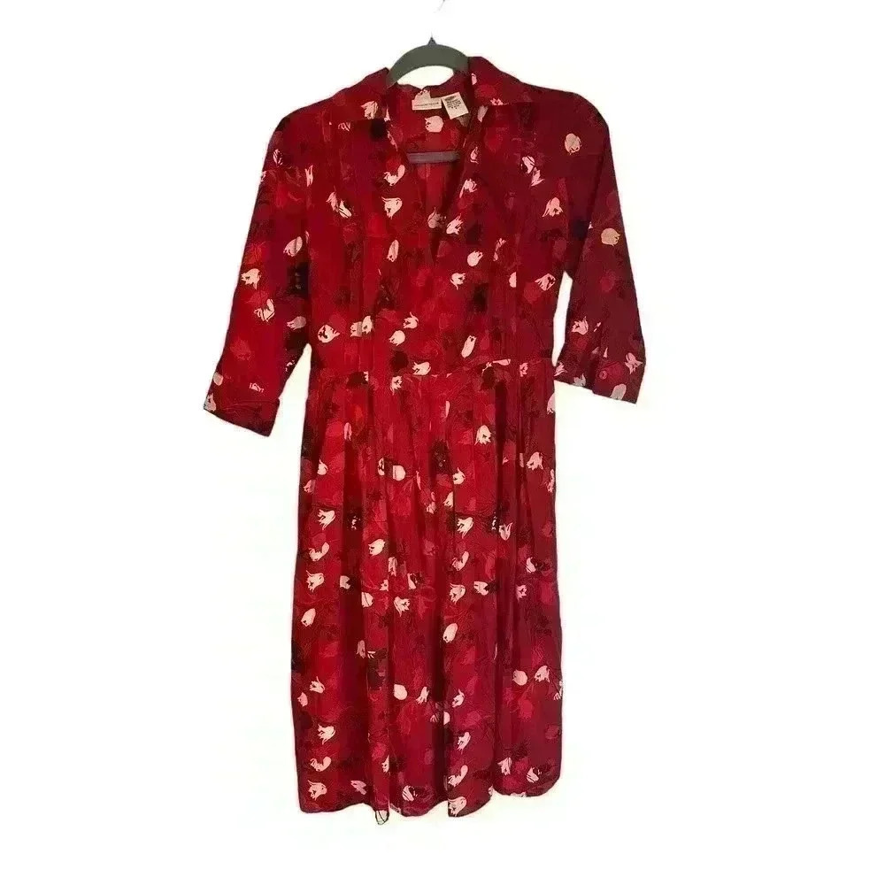 Newport News Women's Size 4 Red Floral Dress With Back Sash 3/4 Sleeves